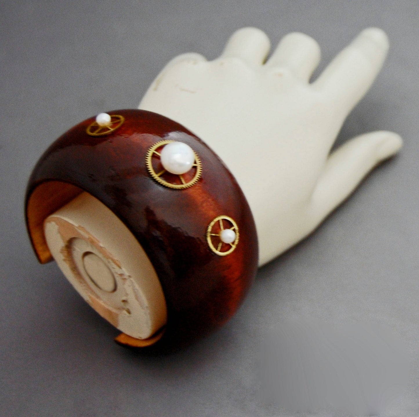 Maren - Unique Handmade Wooden Cuff Bracelet Featuring Pearl and Repurposed Watch Gear Accents, FREE SHIP US