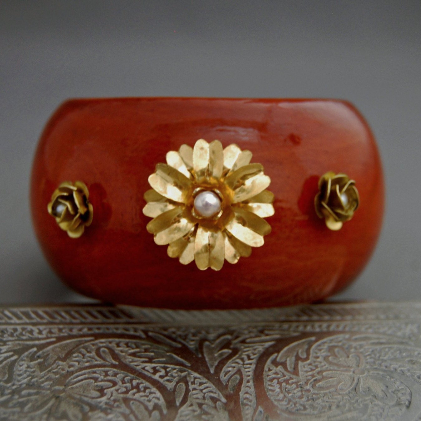 Mari - Wooden Cuff Bracelet, Floral Brass and Pearl Accents, FREE SHIPPING US