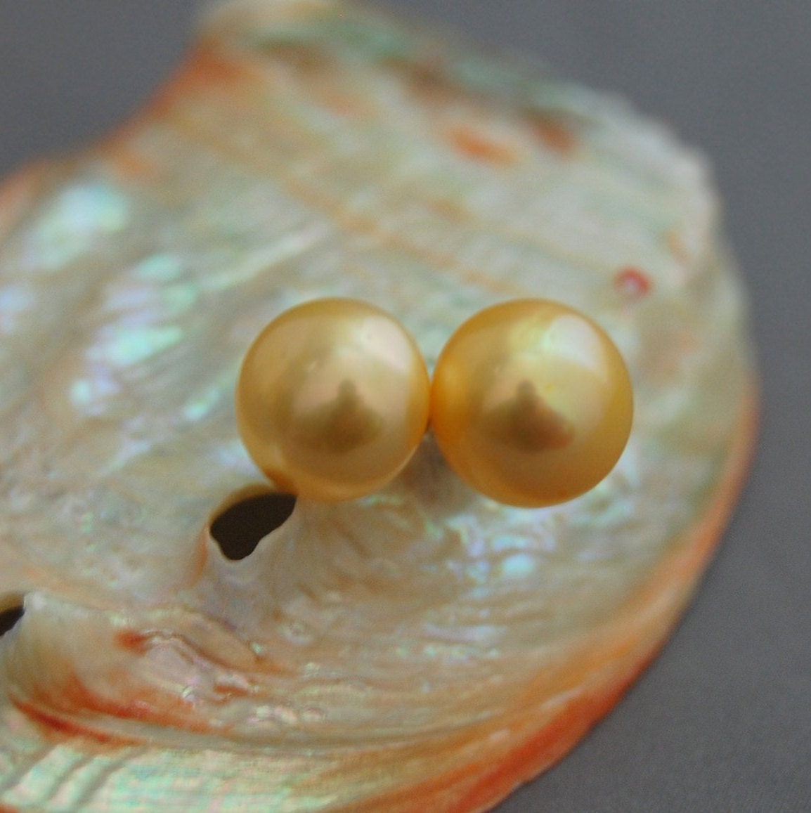 Simone - One of a Kind Golden Pearl Stud Earrings, FREE SHIP US