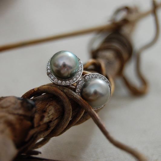 Cinder - Pearl Halo Style Earrings Featuring Tahitian pearls, CZs and Rhodium Plated Sterling Silver, FREE SHIP US