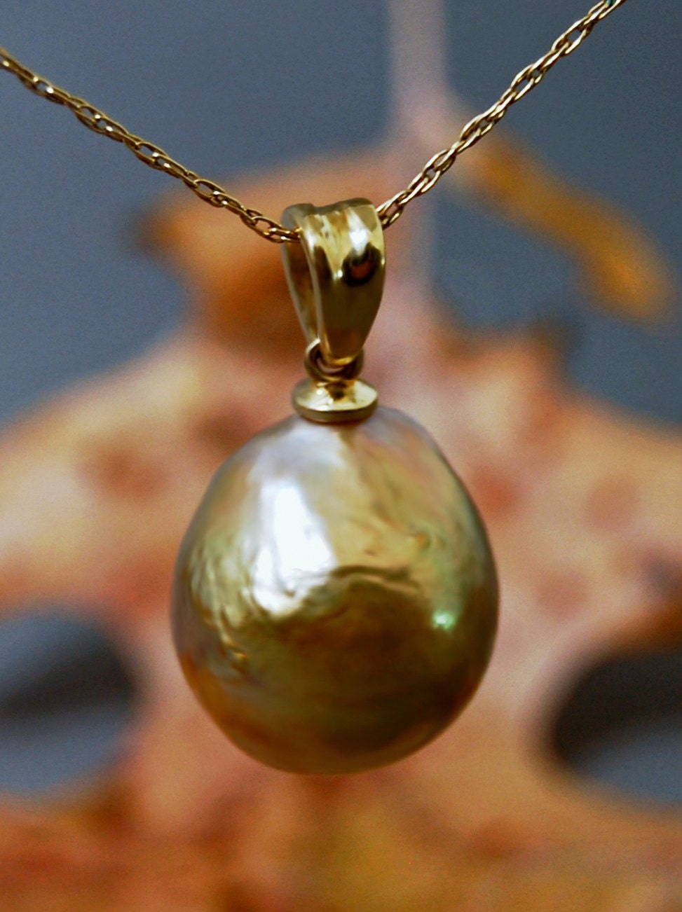 Hera - Pearl Pendant Features a Unique Freshwater Pearl Set in Solid 14kt Yellow Gold, FREE SHIPPING US