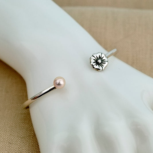 April - Solid Sterling Silver Cuff Bracelet with Pearl and Flower Accents