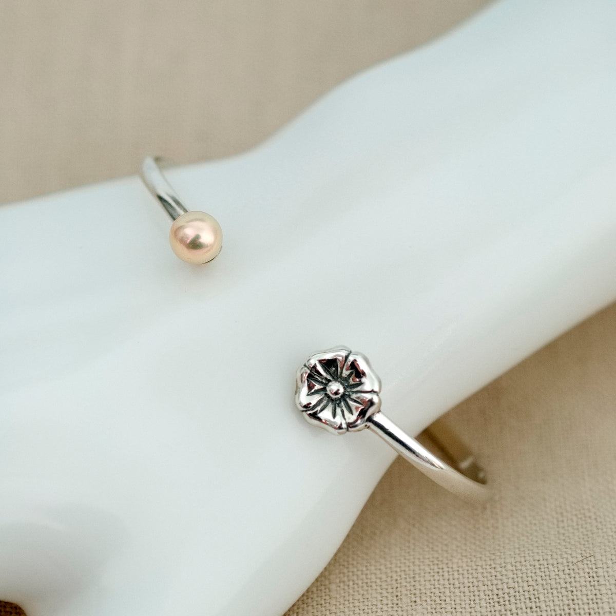April - Solid Sterling Silver Cuff Bracelet with Pearl and Flower Accents