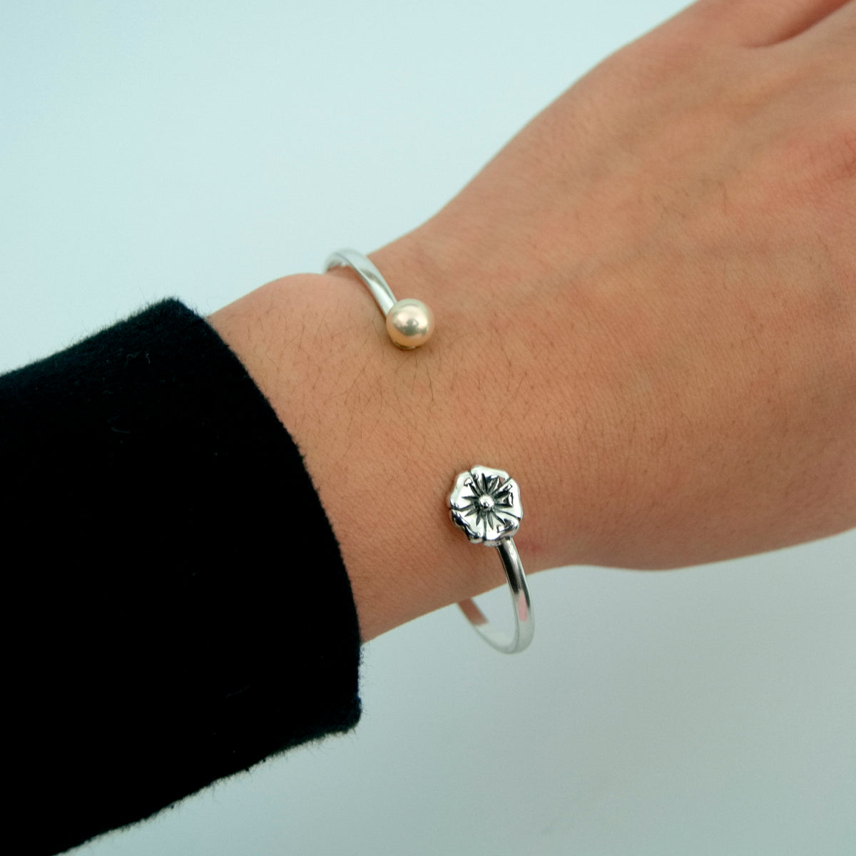 April - Solid Sterling Silver Cuff Bracelet with Pearl and Flower Accents