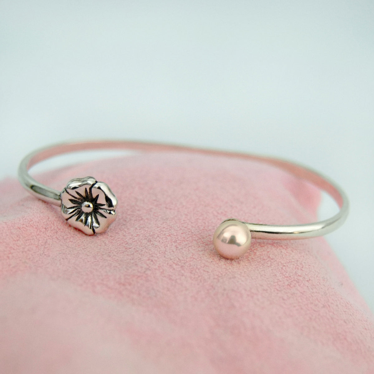 April - Solid Sterling Silver Cuff Bracelet with Pearl and Flower Accents