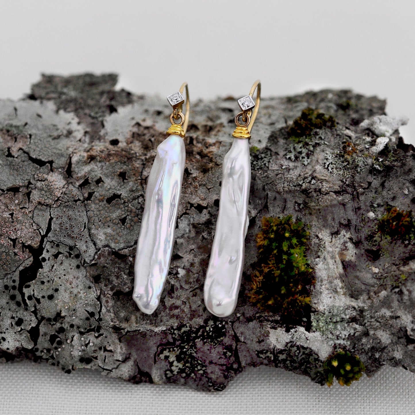 Lusca - Pearl Stick Drop Bridal Earrings Solid 14k Gold Diamond Accents FREE SHIPPING US