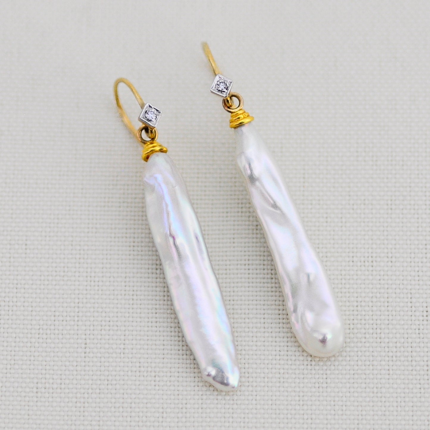 Lusca - Pearl Stick Drop Bridal Earrings Solid 14k Gold Diamond Accents FREE SHIPPING US