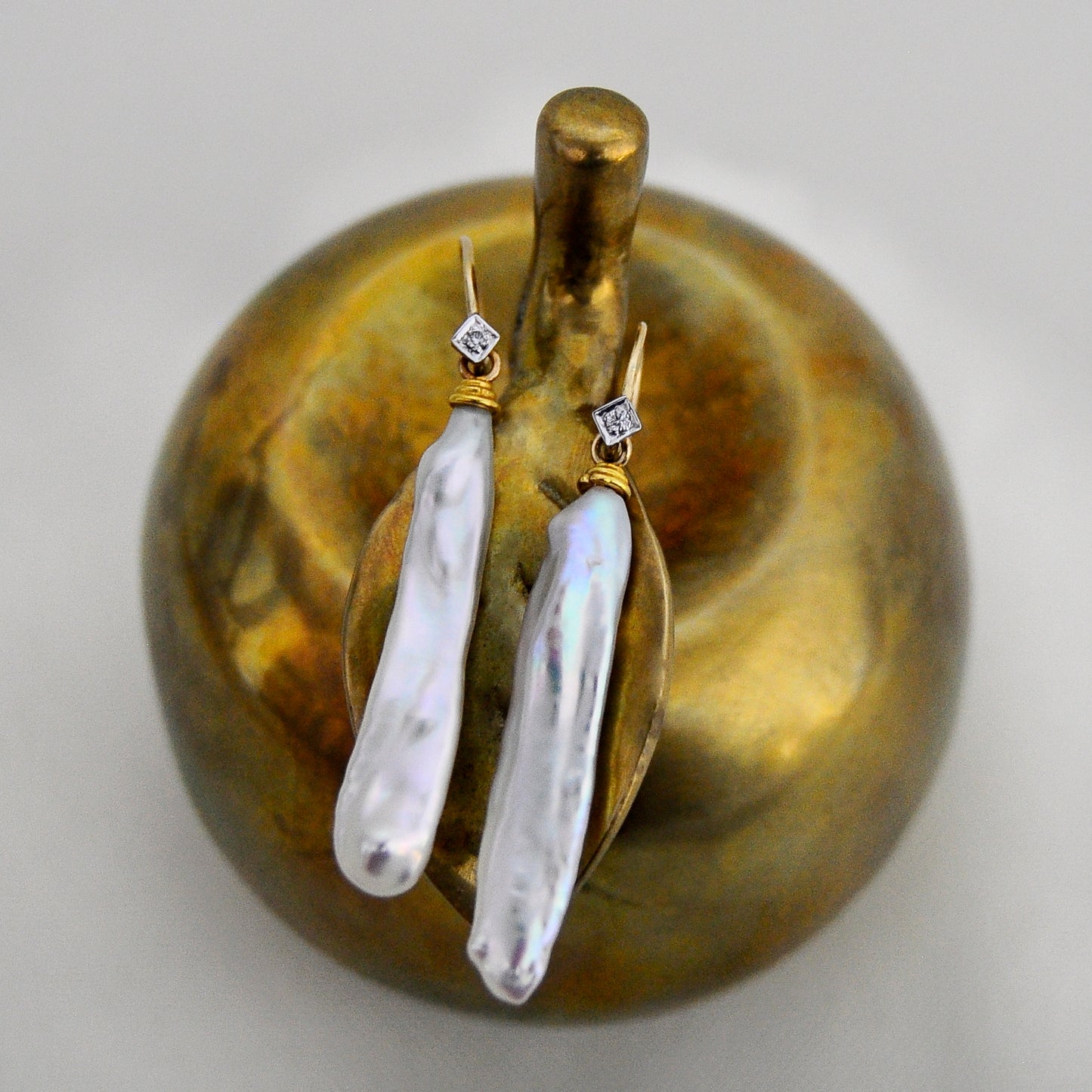 Lusca - Pearl Stick Drop Bridal Earrings Solid 14k Gold Diamond Accents FREE SHIPPING US
