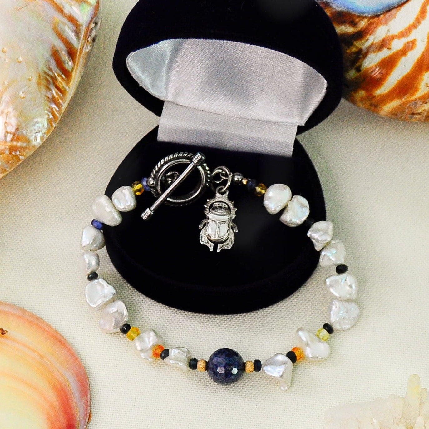 Terzah- Boho Keshi Pearl and Sapphire Bracelet with Detailed Scarab Beetle Charm.