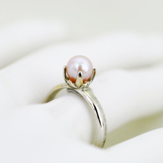 Doris -  Pearl Solitaire Ring; Freshwater Pearl; Argentium® Sterling Silver; Engagement Ring