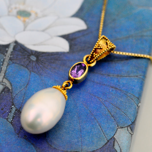 Aaloka - Rose de France & Pearl Pendant Gold Vermeil