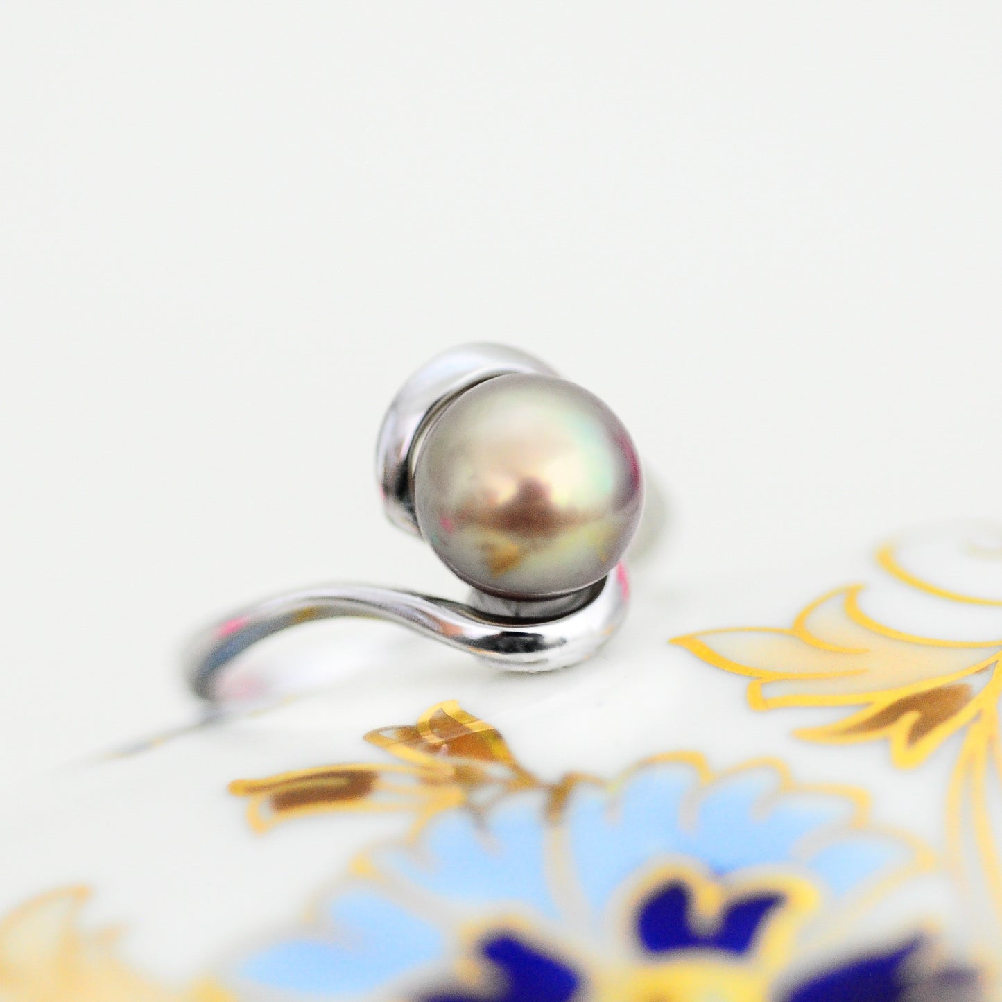 Lakshmi - Freshwater Pearl Engagement or Stacking Ring Set in Solid Sterling Silver. Rare Natural Pewter Gray Color. FREE SHIPPING US