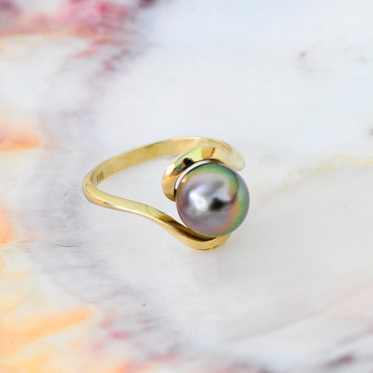 Laxmi - Luxurious Natural Colored Peacock Tahitian Pearl Solitaire Engagement Ring Set in Solid 14kt Yellow Gold. Free Shipping in US