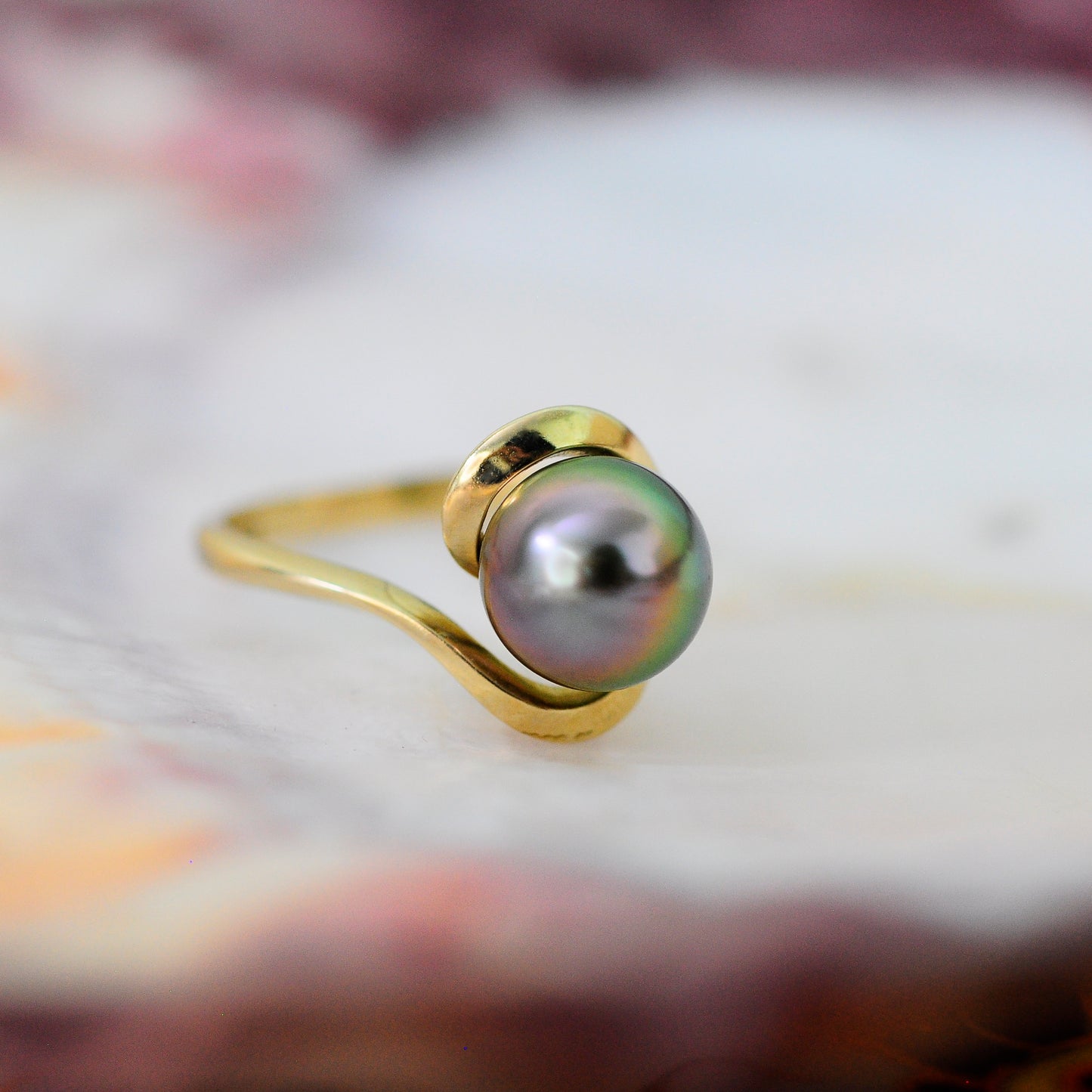 Laxmi - Luxurious Natural Colored Peacock Tahitian Pearl Solitaire Engagement Ring Set in Solid 14kt Yellow Gold. Free Shipping in US