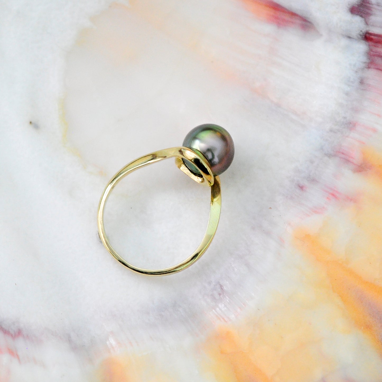 Laxmi - Luxurious Natural Colored Peacock Tahitian Pearl Solitaire Engagement Ring Set in Solid 14kt Yellow Gold. Free Shipping in US
