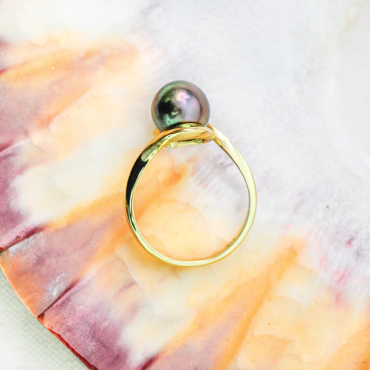 Laxmi - Luxurious Natural Colored Peacock Tahitian Pearl Solitaire Engagement Ring Set in Solid 14kt Yellow Gold. Free Shipping in US
