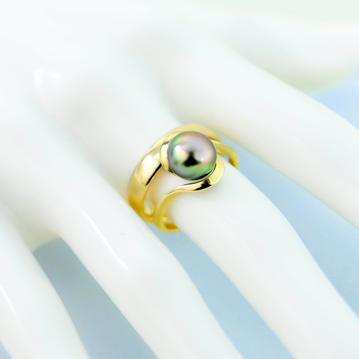 Laxmi - Luxurious Natural Colored Peacock Tahitian Pearl Solitaire Engagement Ring Set in Solid 14kt Yellow Gold. Free Shipping in US