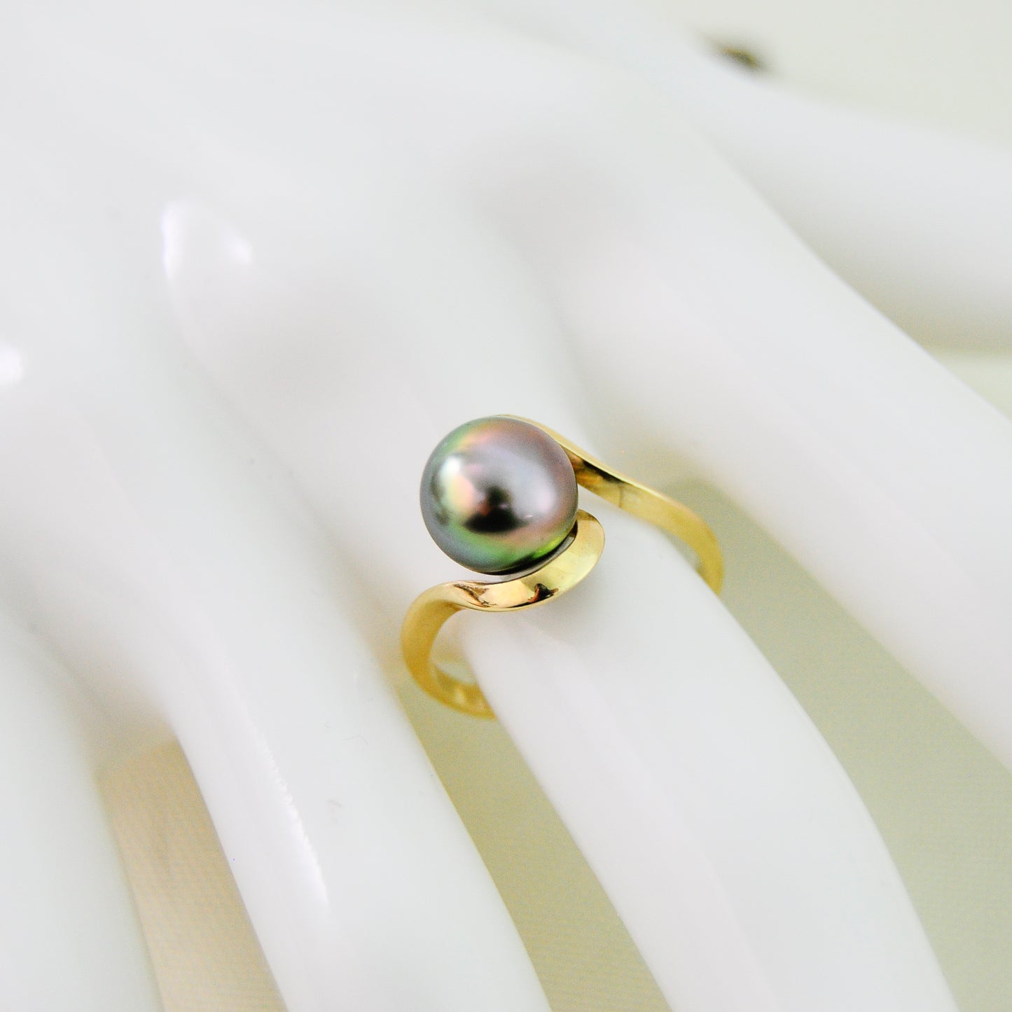 Laxmi - Luxurious Natural Colored Peacock Tahitian Pearl Solitaire Engagement Ring Set in Solid 14kt Yellow Gold. Free Shipping in US