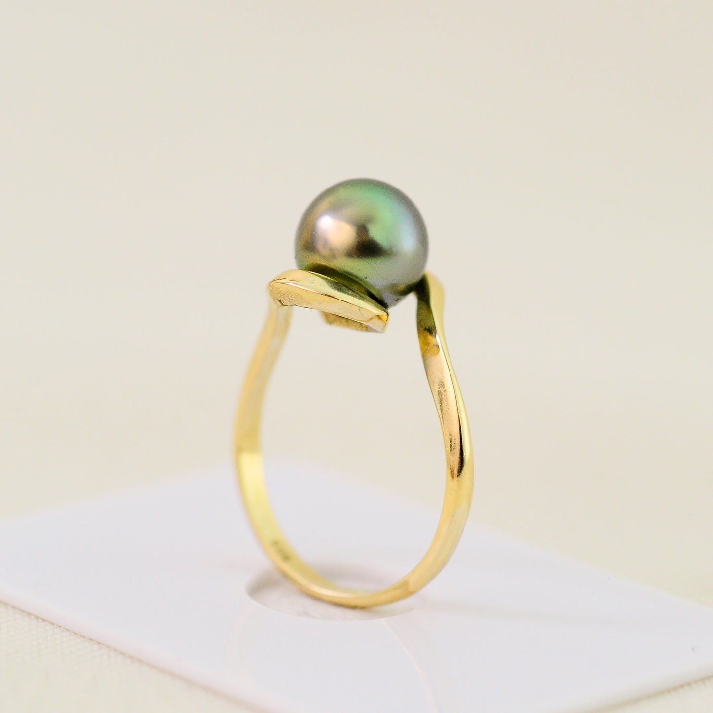 Laxmi - Luxurious Natural Colored Peacock Tahitian Pearl Solitaire Engagement Ring Set in Solid 14kt Yellow Gold. Free Shipping in US