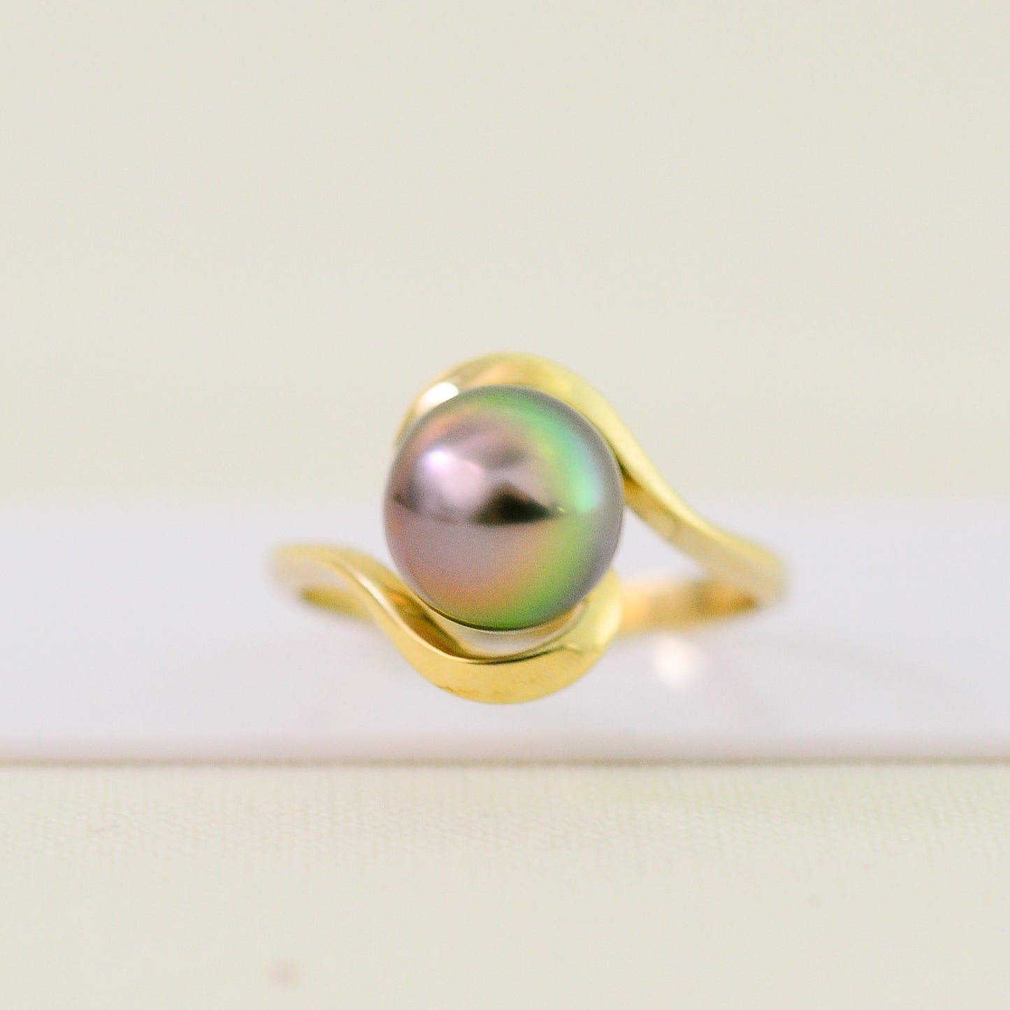 Laxmi - Luxurious Natural Colored Peacock Tahitian Pearl Solitaire Engagement Ring Set in Solid 14kt Yellow Gold. Free Shipping in US