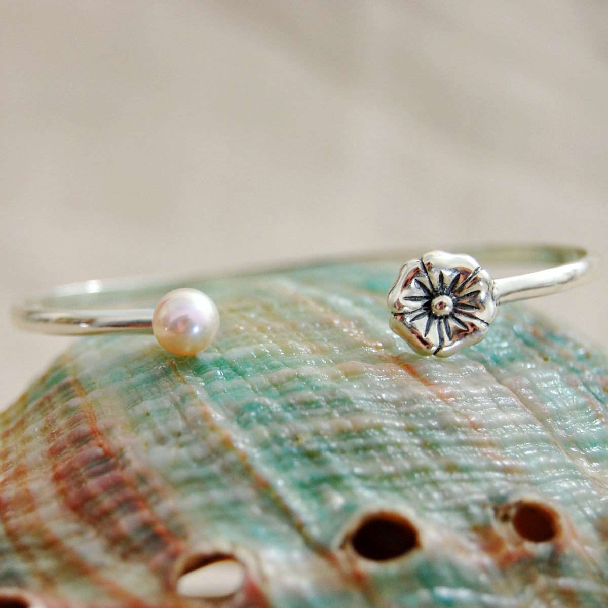 April - Solid Sterling Silver Cuff Bracelet with Pearl and Flower Accents