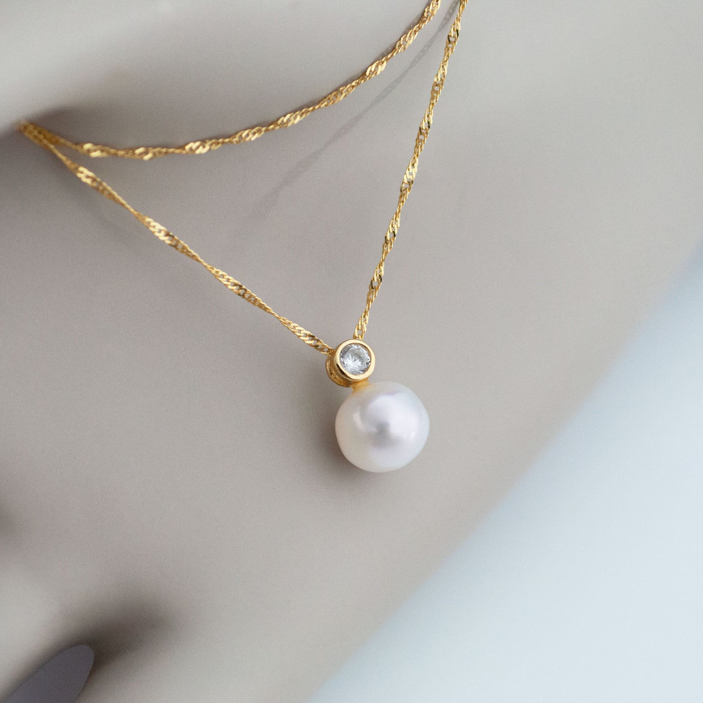 Aki - Pearl Pendant, Freshwater Pearl and CZ Gemstone