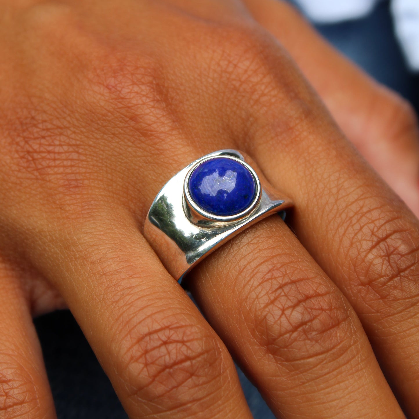 Hart - Contemporary Lapis Lazuli Wide Band Ring Set in Rhodium Plated Solid Sterling Silver. Perfect Gift for Him or Her!