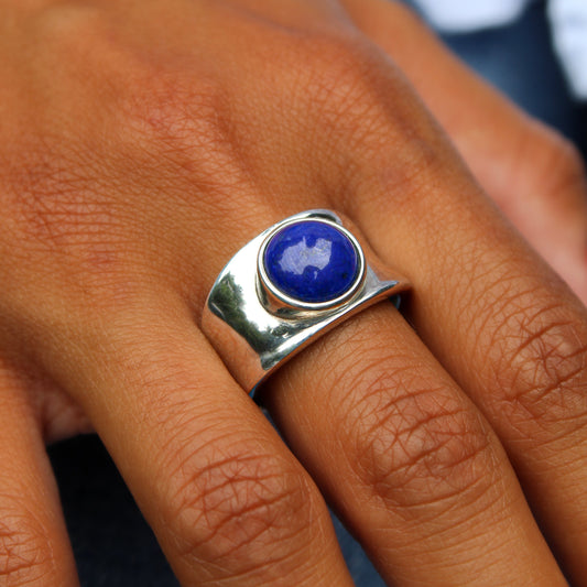 Hart - Contemporary Lapis Lazuli Wide Band Ring Set in Rhodium Plated Solid Sterling Silver. Perfect Gift for Him or Her!
