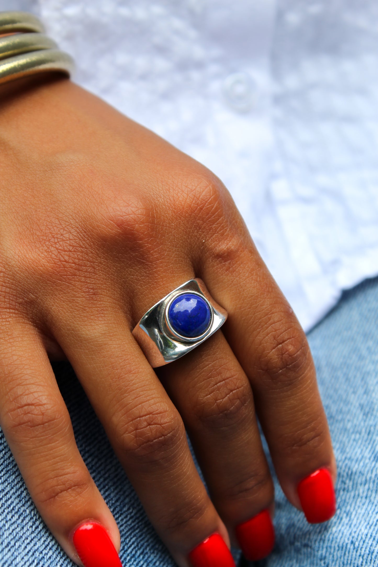 Hart - Contemporary Lapis Lazuli Wide Band Ring Set in Rhodium Plated Solid Sterling Silver. Perfect Gift for Him or Her!