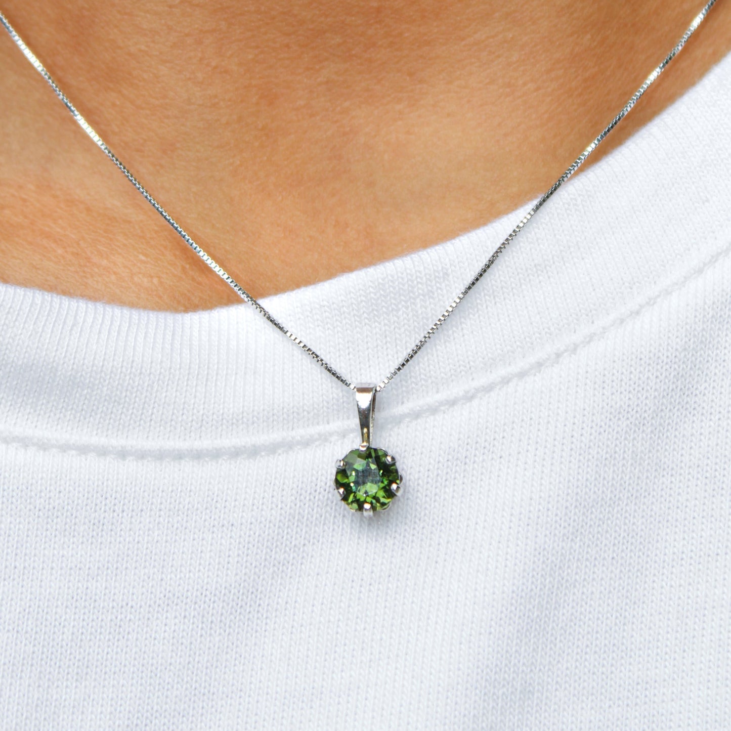 Petra - Green Genuine Moldavite Gemstone Pendant Set in Solid Sterling Silver, Rhodium Plated for Easy Care. FREE SHIPPING US.