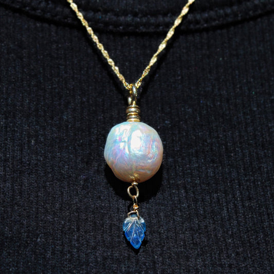 Aine - White Pearl Pendant with Blue Sapphire Dangle, set in solid 14kt gold.