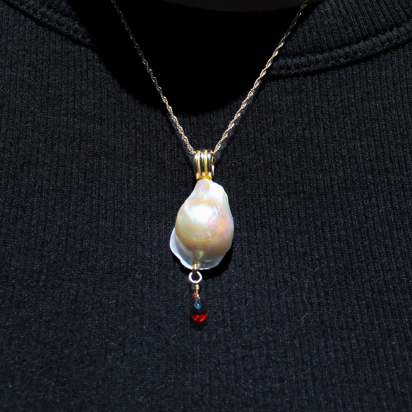Avalon - 14k Gold Pearl Pendant Necklace with Garnet Accent. FREE SHIPPING US