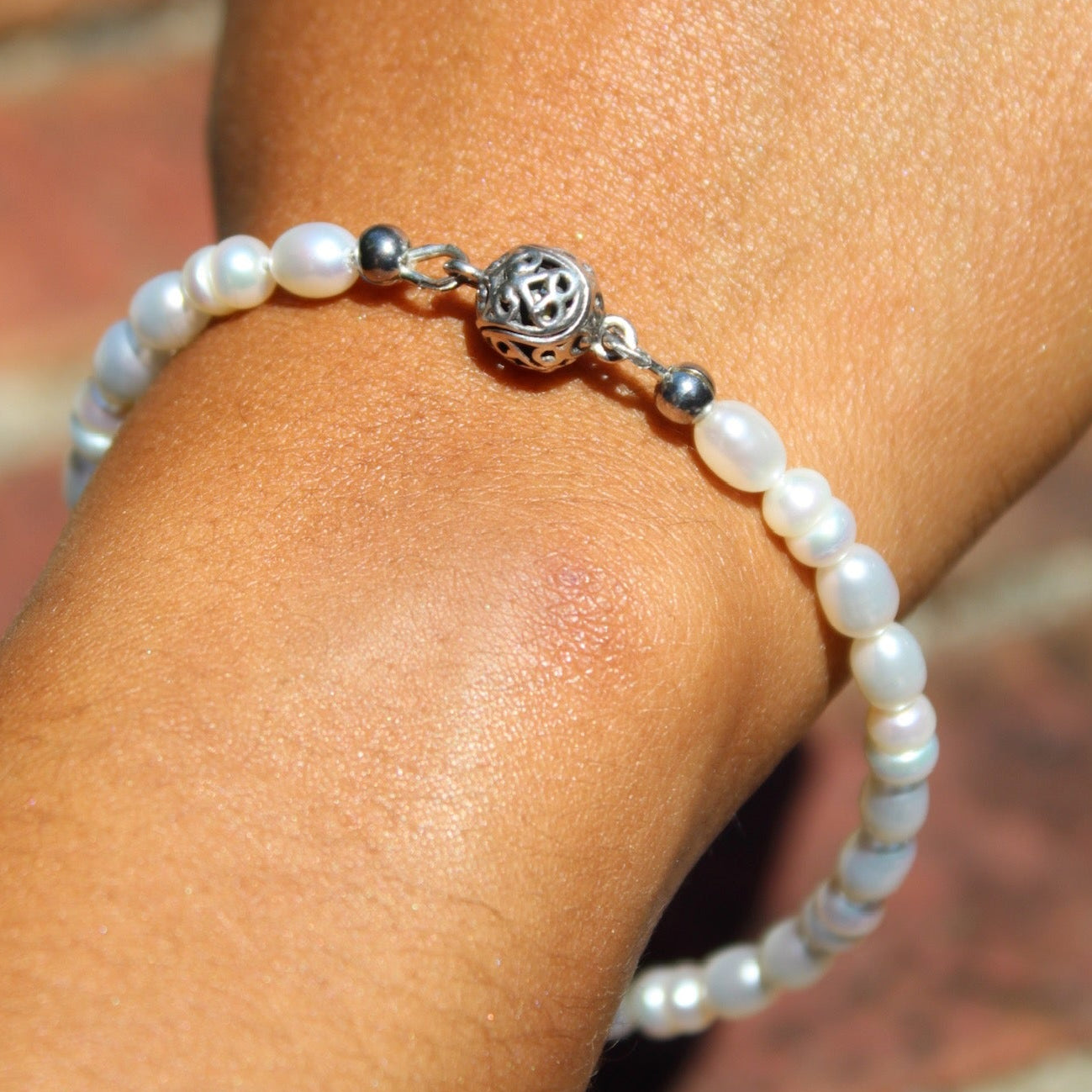 Lucy- Lovely White Freshwater Pearl Bracelet with Oxidized Sterling Silver Filigree Magnetic Clasp.