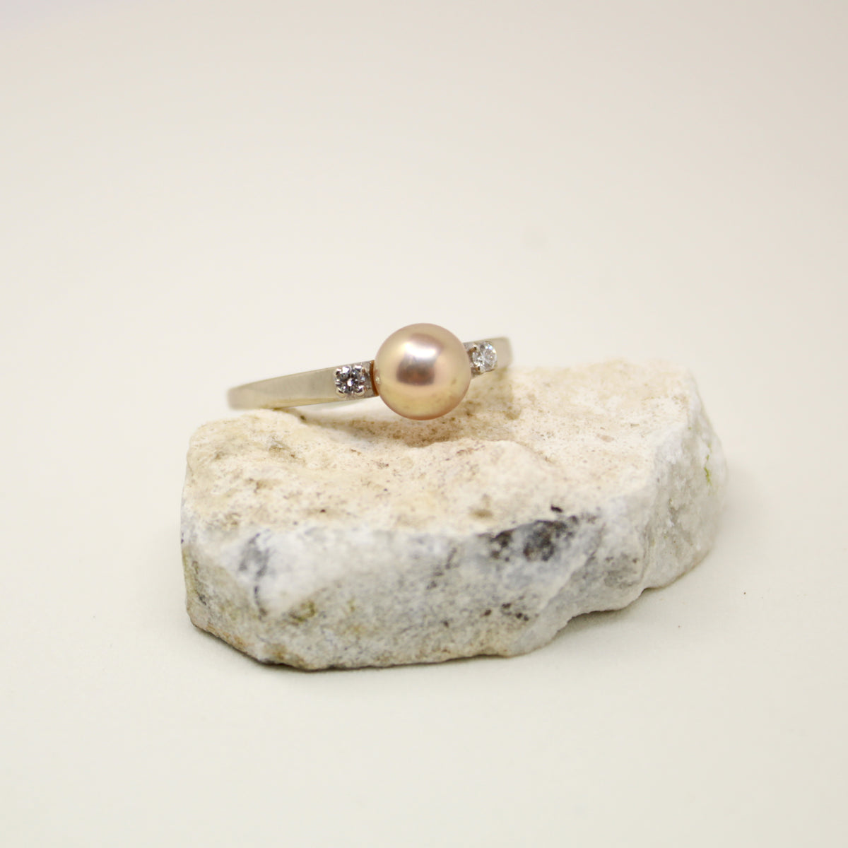 Bente - Pearl Engagement or Wedding Ring Features a Uniquely Natural Freshwater Pearl Set in Solid 14kt White Gold. Free Ship US.