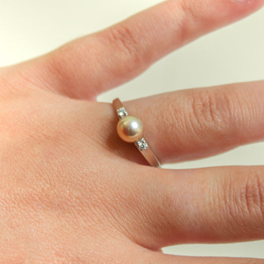 Bente - Pearl Engagement or Wedding Ring Features a Uniquely Natural Freshwater Pearl Set in Solid 14kt White Gold. Free Ship US.