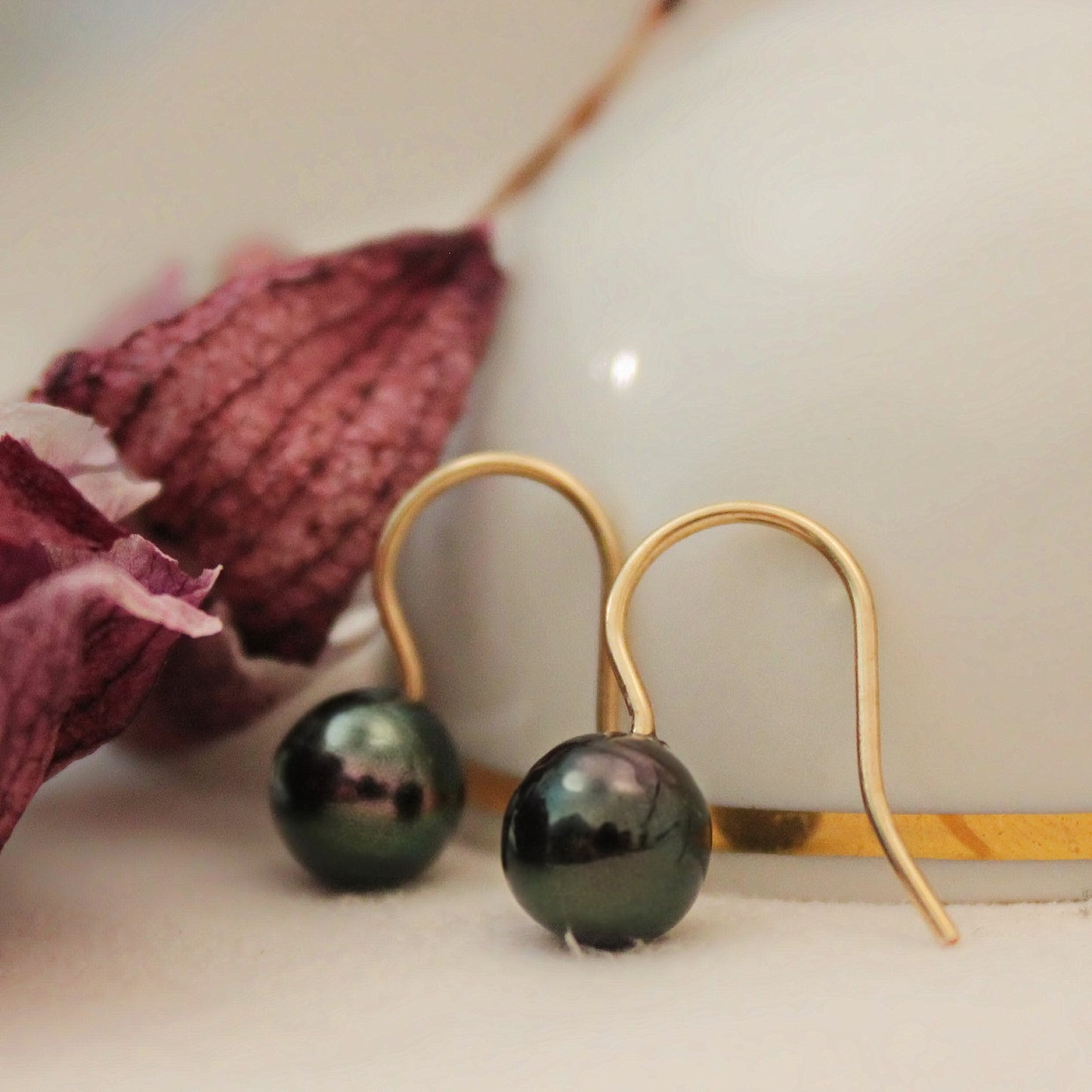Gemma - Black Tahitian Pearl Earrings 14k Gold FREE SHIP US