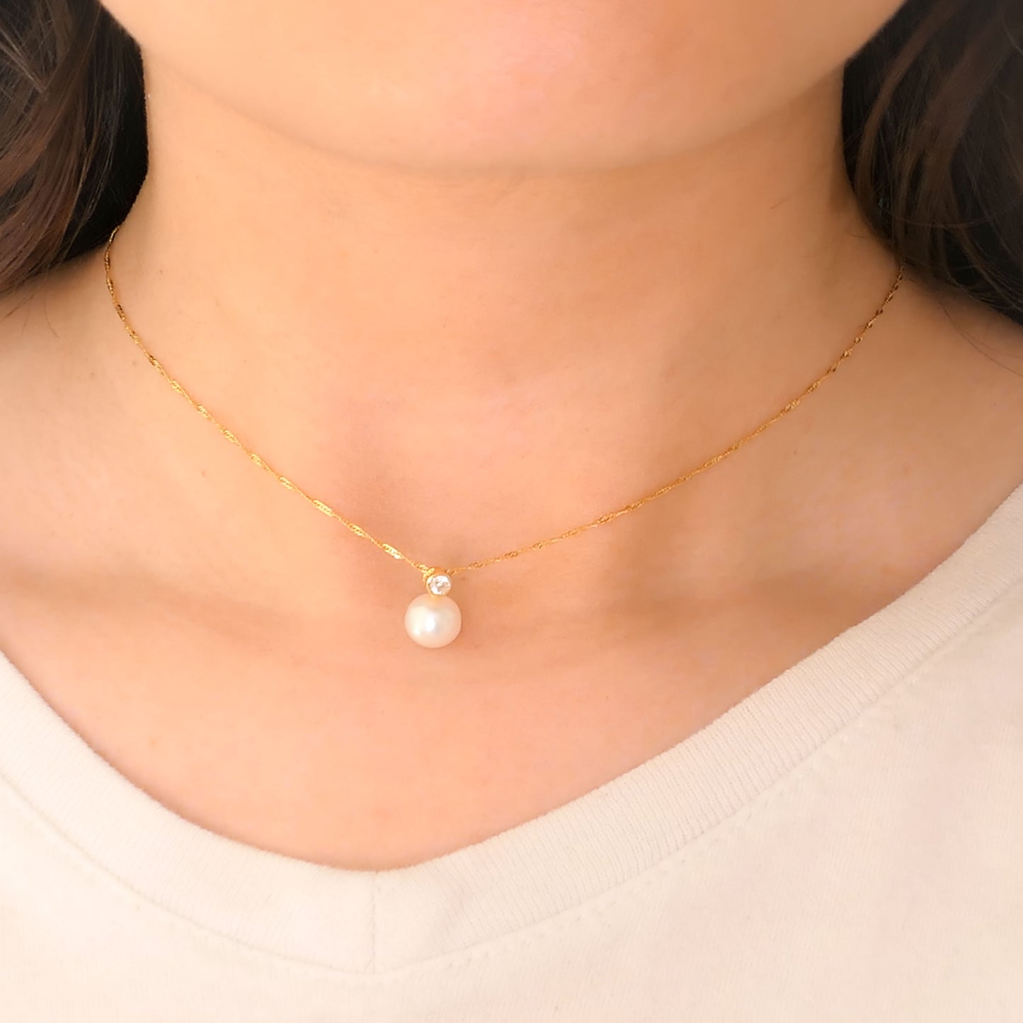 Aki - Pearl Pendant, Freshwater Pearl and CZ Gemstone