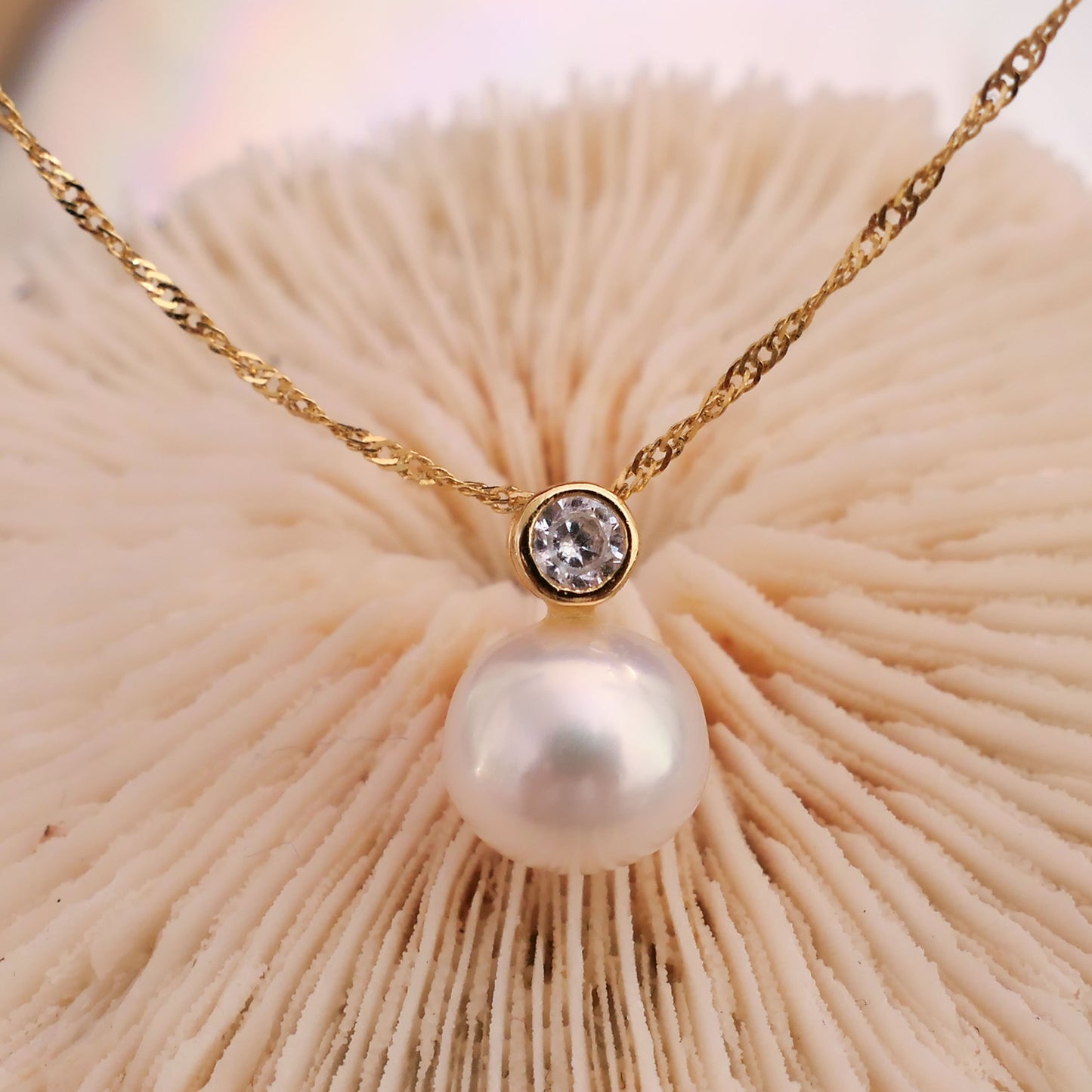 Aki - Pearl Pendant, Freshwater Pearl and CZ Gemstone