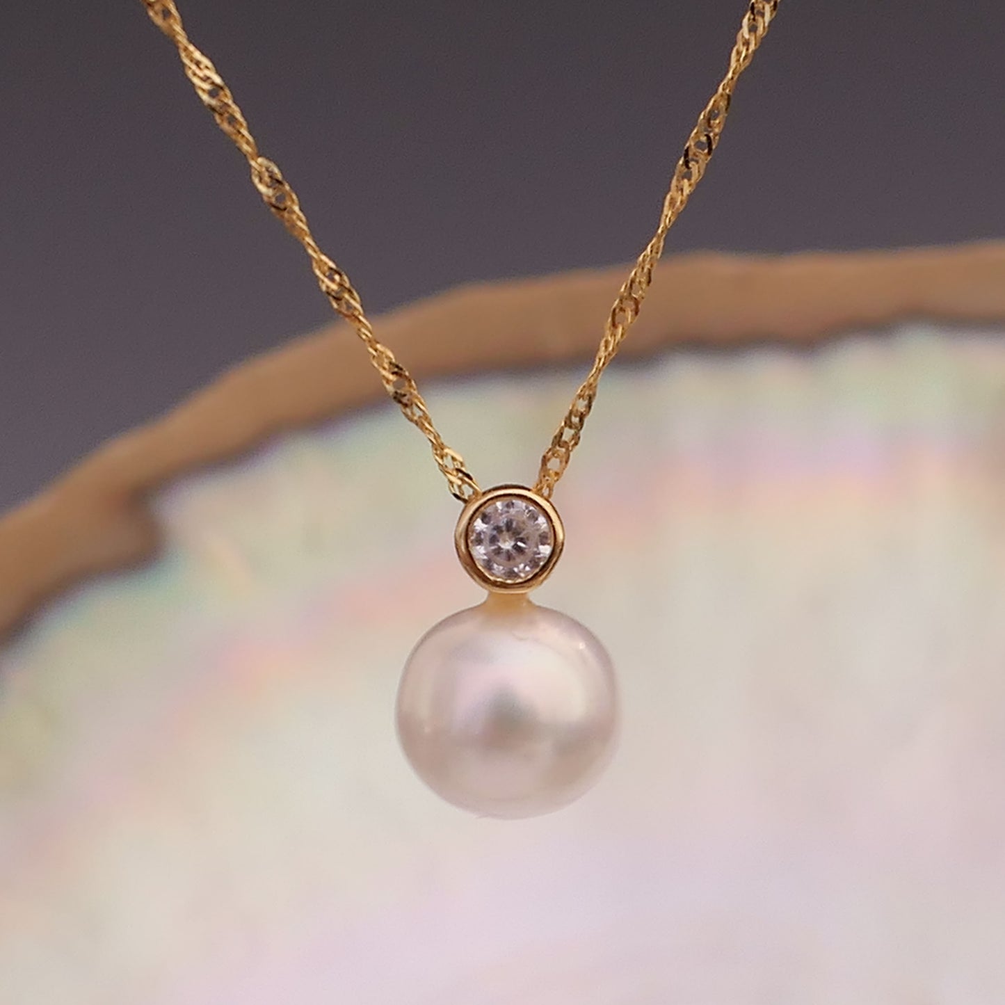 Aki - Pearl Pendant, Freshwater Pearl and CZ Gemstone
