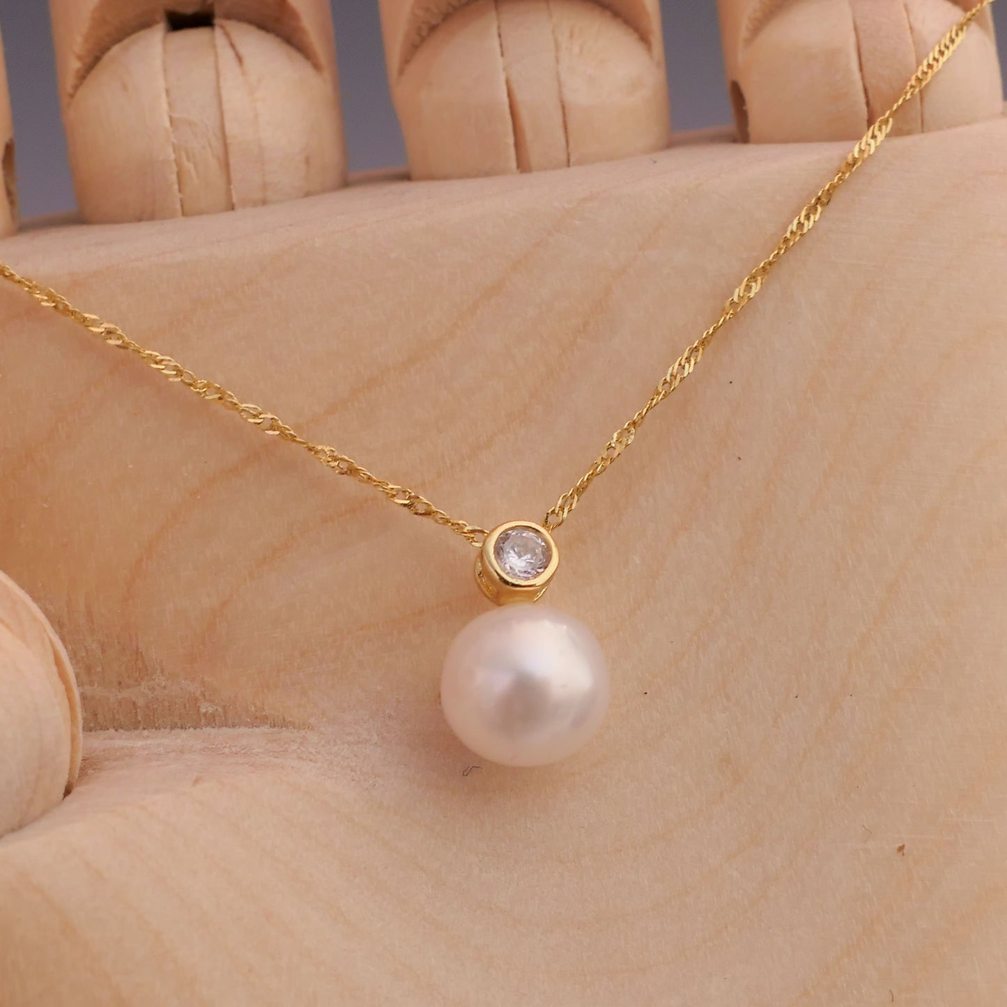 Aki - Pearl Pendant, Freshwater Pearl and CZ Gemstone