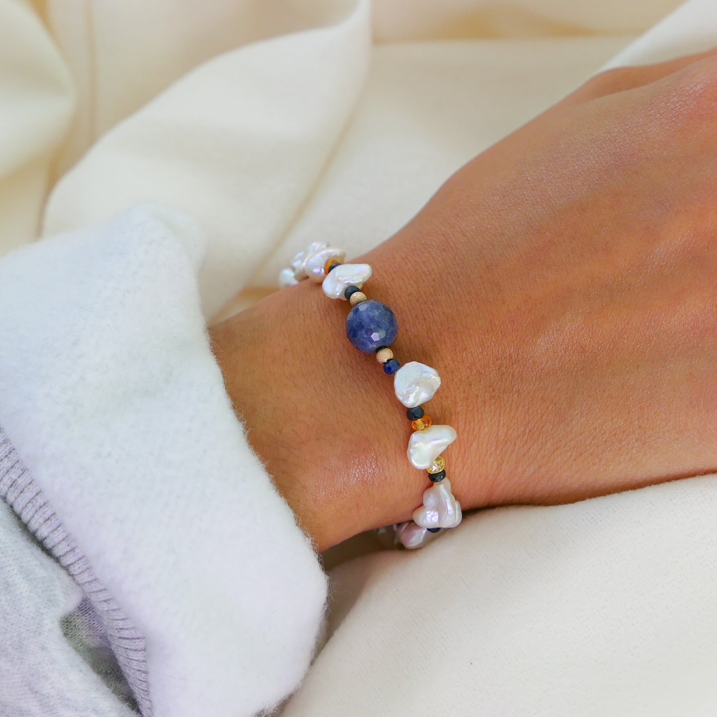 Terzah- Boho Keshi Pearl and Sapphire Bracelet with Detailed Scarab Beetle Charm.