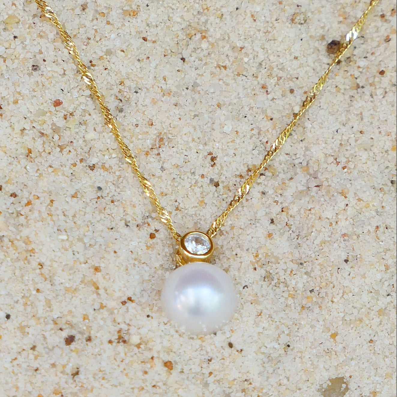 Aki - Pearl Pendant, Freshwater Pearl and CZ Gemstone