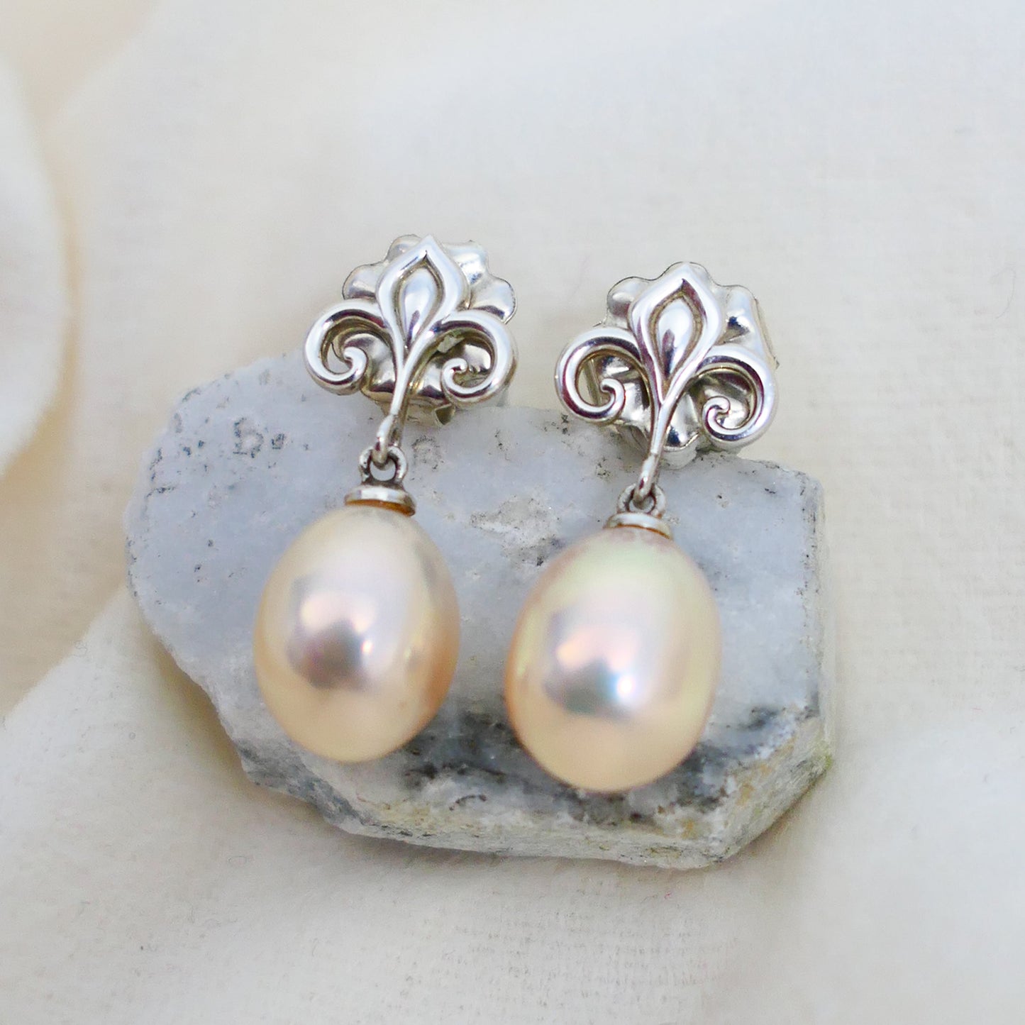 Hanae -  Fleur de Lis Continuum® Sterling Silver Pearl Dangle Earrings