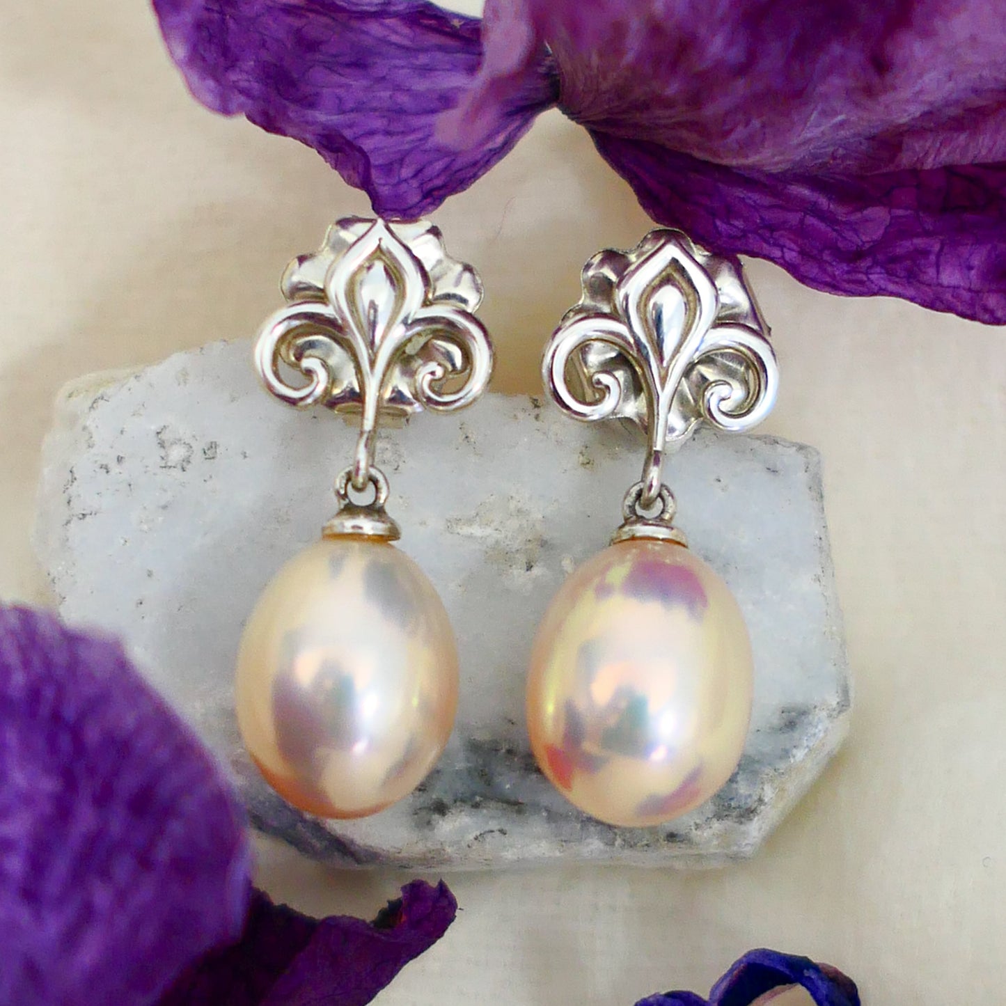 Hanae -  Fleur de Lis Continuum® Sterling Silver Pearl Dangle Earrings