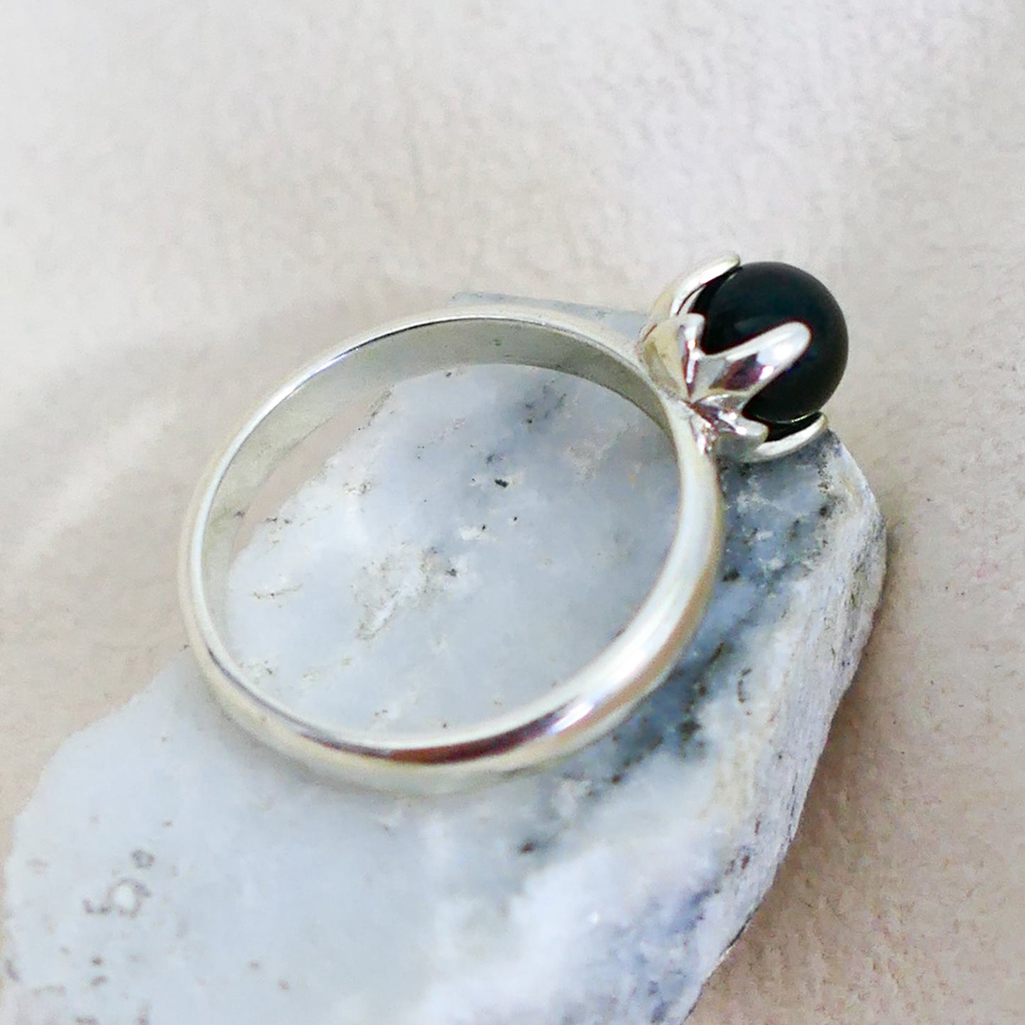 Asima - Black Onyx Ring Set in a Solid Easy Care Argentium® Silver Flower Setting