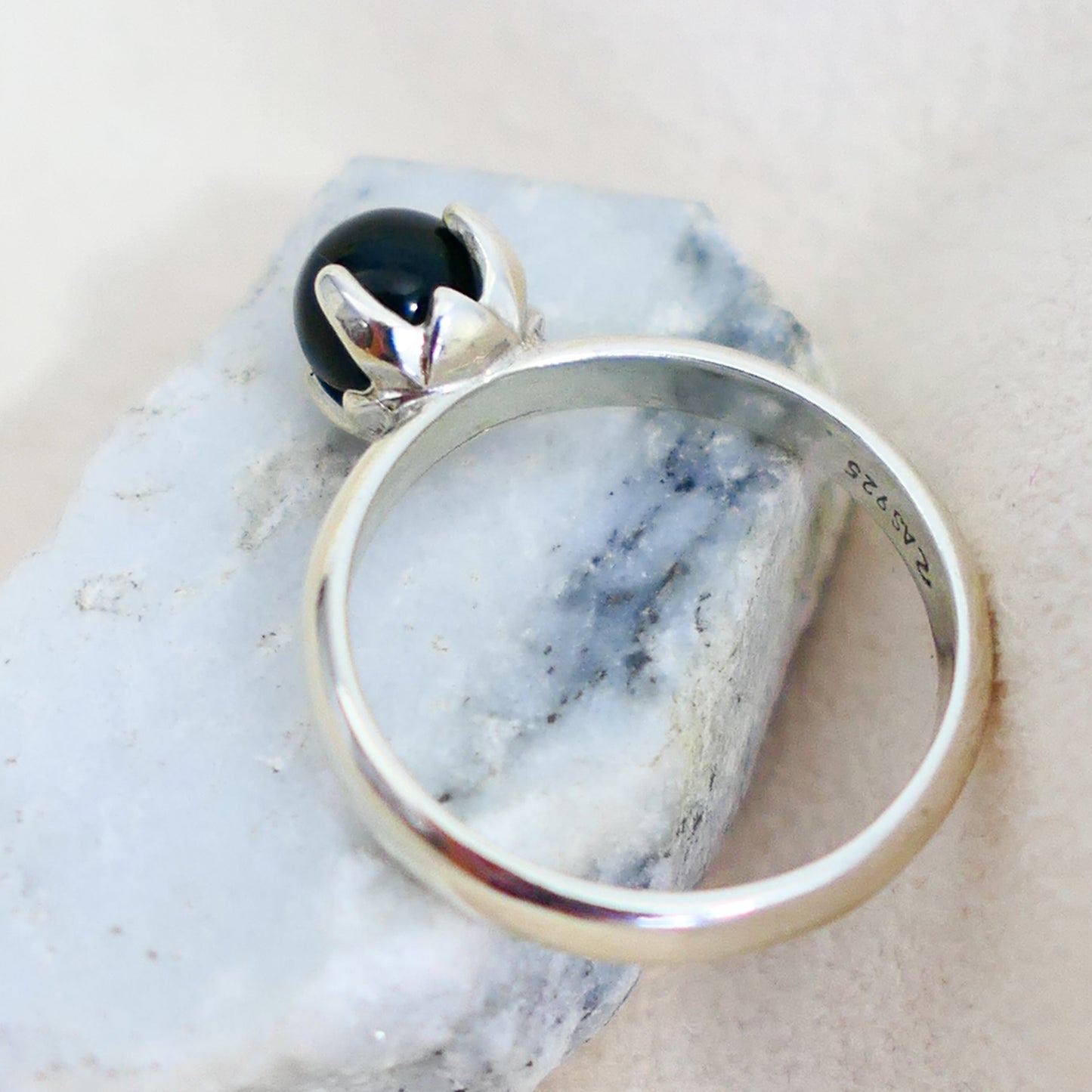 Asima - Black Onyx Ring Set in a Solid Easy Care Argentium® Silver Flower Setting