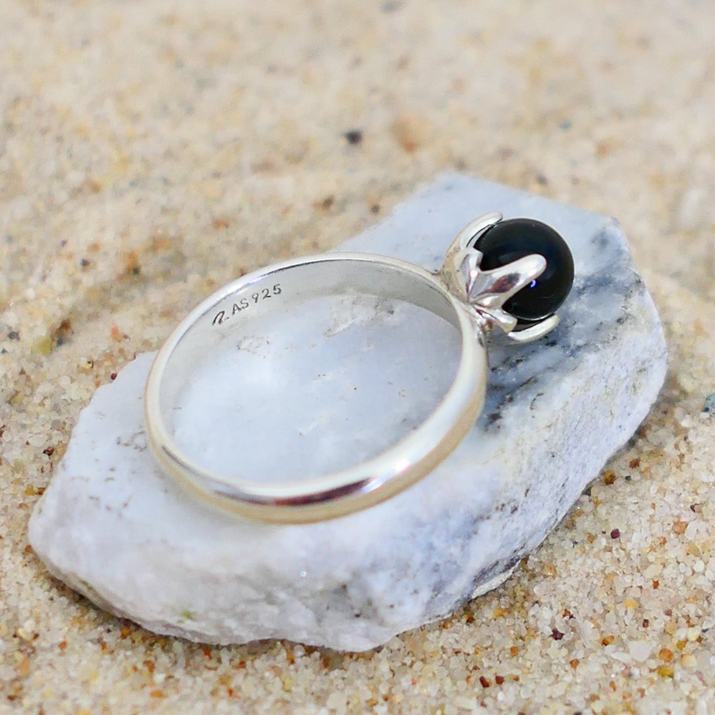 Asima - Black Onyx Ring Set in a Solid Easy Care Argentium® Silver Flower Setting