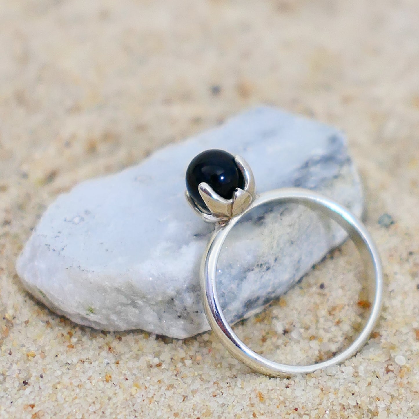 Asima - Black Onyx Ring Set in a Solid Easy Care Argentium® Silver Flower Setting