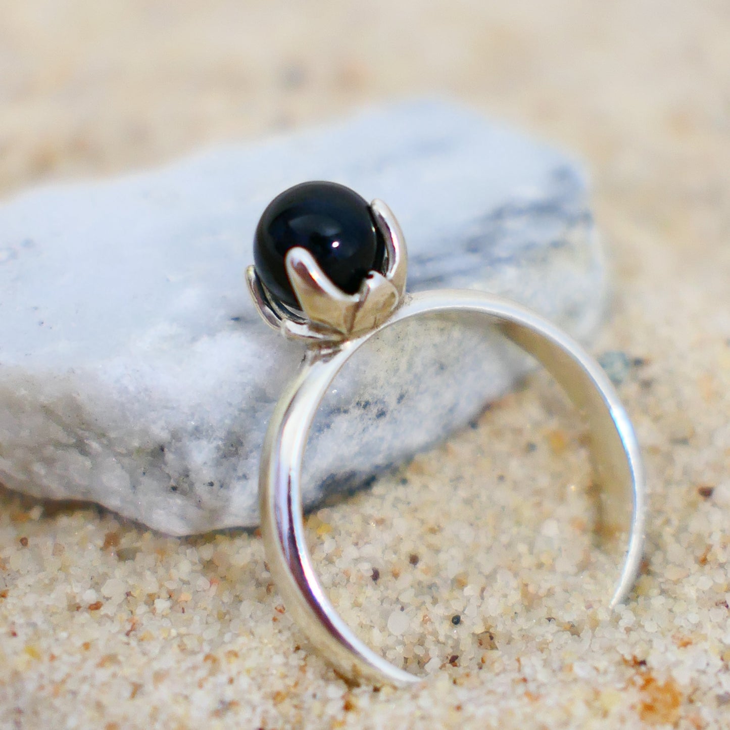 Asima - Black Onyx Ring Set in a Solid Easy Care Argentium® Silver Flower Setting
