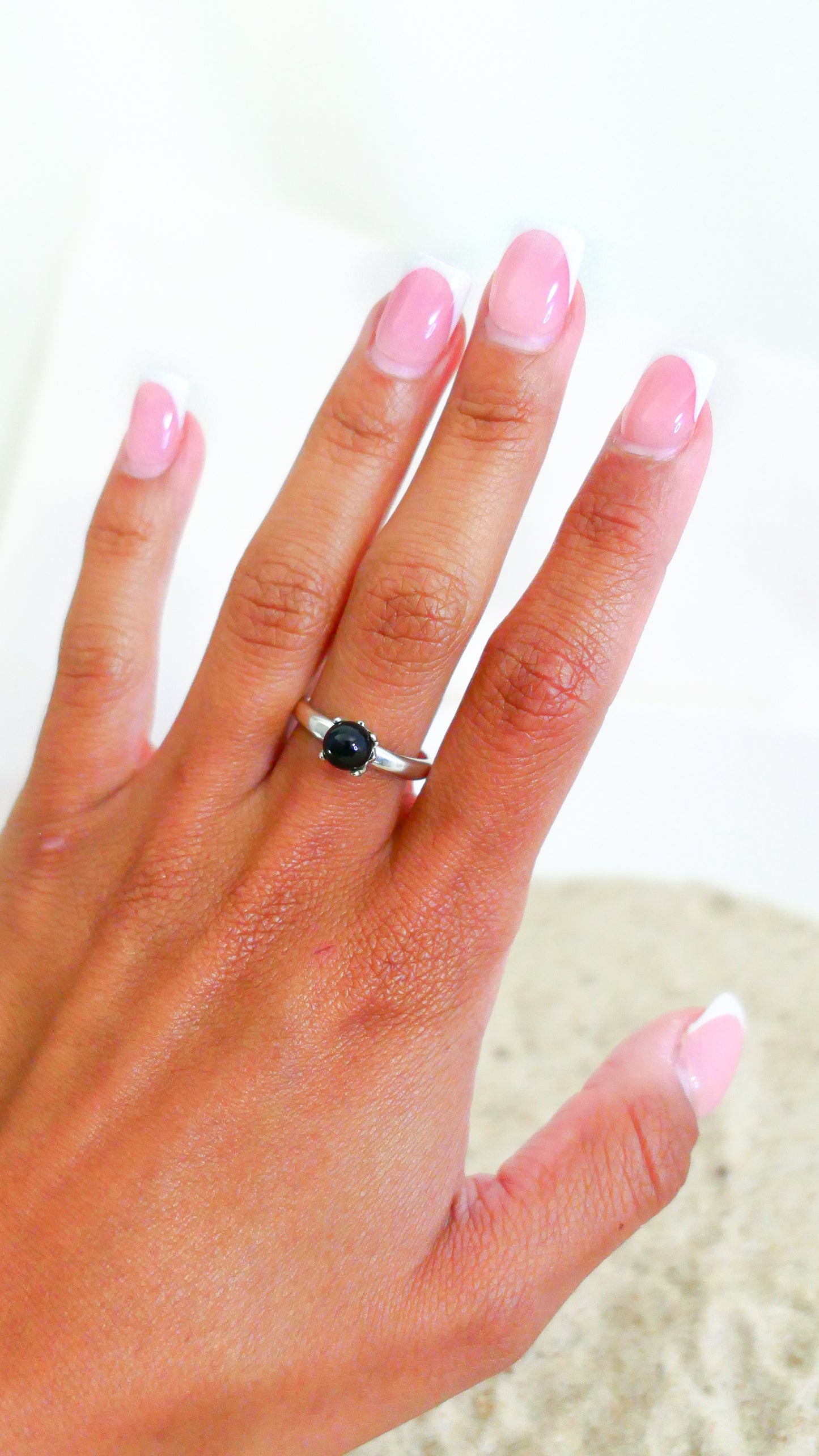 Asima - Black Onyx Ring Set in a Solid Easy Care Argentium® Silver Flower Setting